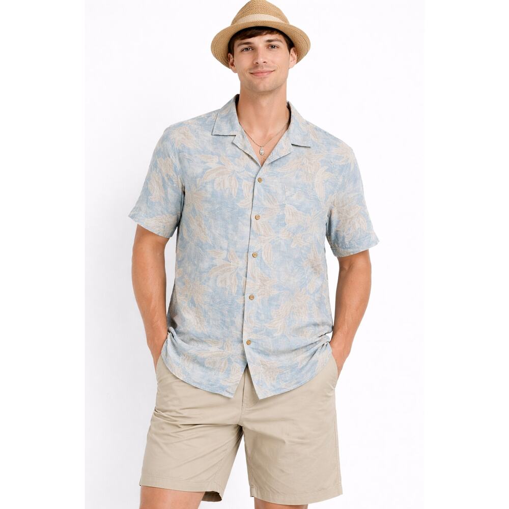 Mondo Blue Floral Linen Blend Button Up Shirt Short Sleeve Mens Size Medium New